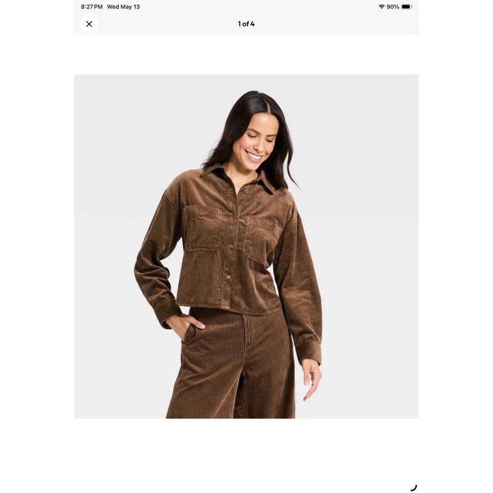 Women's Long Sleeve Cropped Corduroy Collared Neck Button-Down Shirt XXL